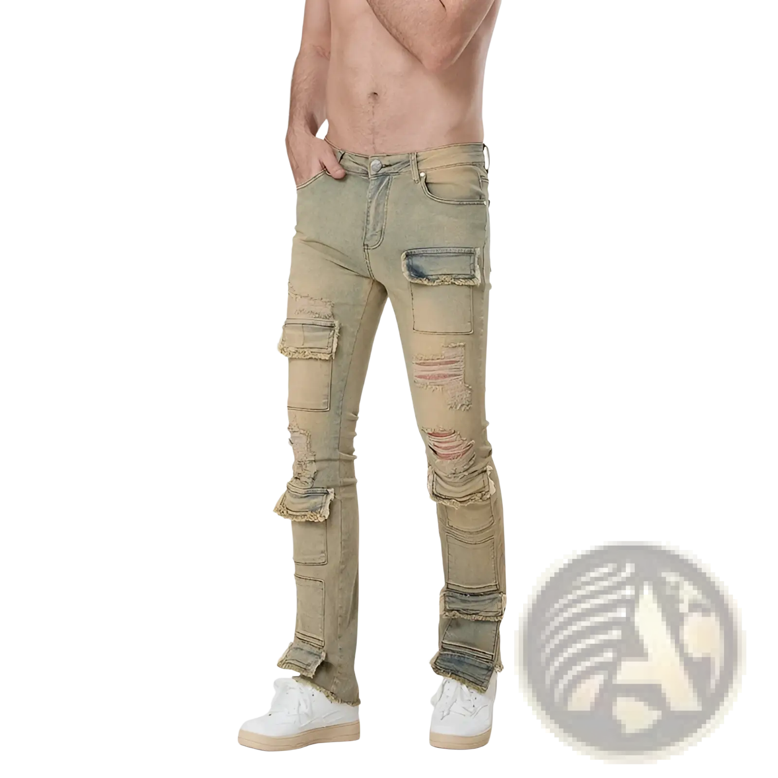 Men ripped stacked jeans slim fit streetwear in distressed beige denim with ripped and patched details