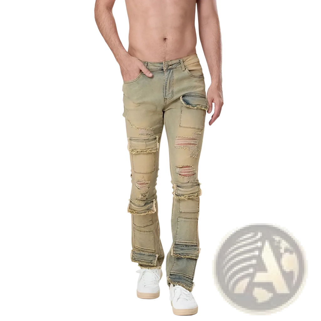 Men ripped stacked jeans slim fit streetwear in distressed olive green denim with multiple ripped patches and reinforced paneling