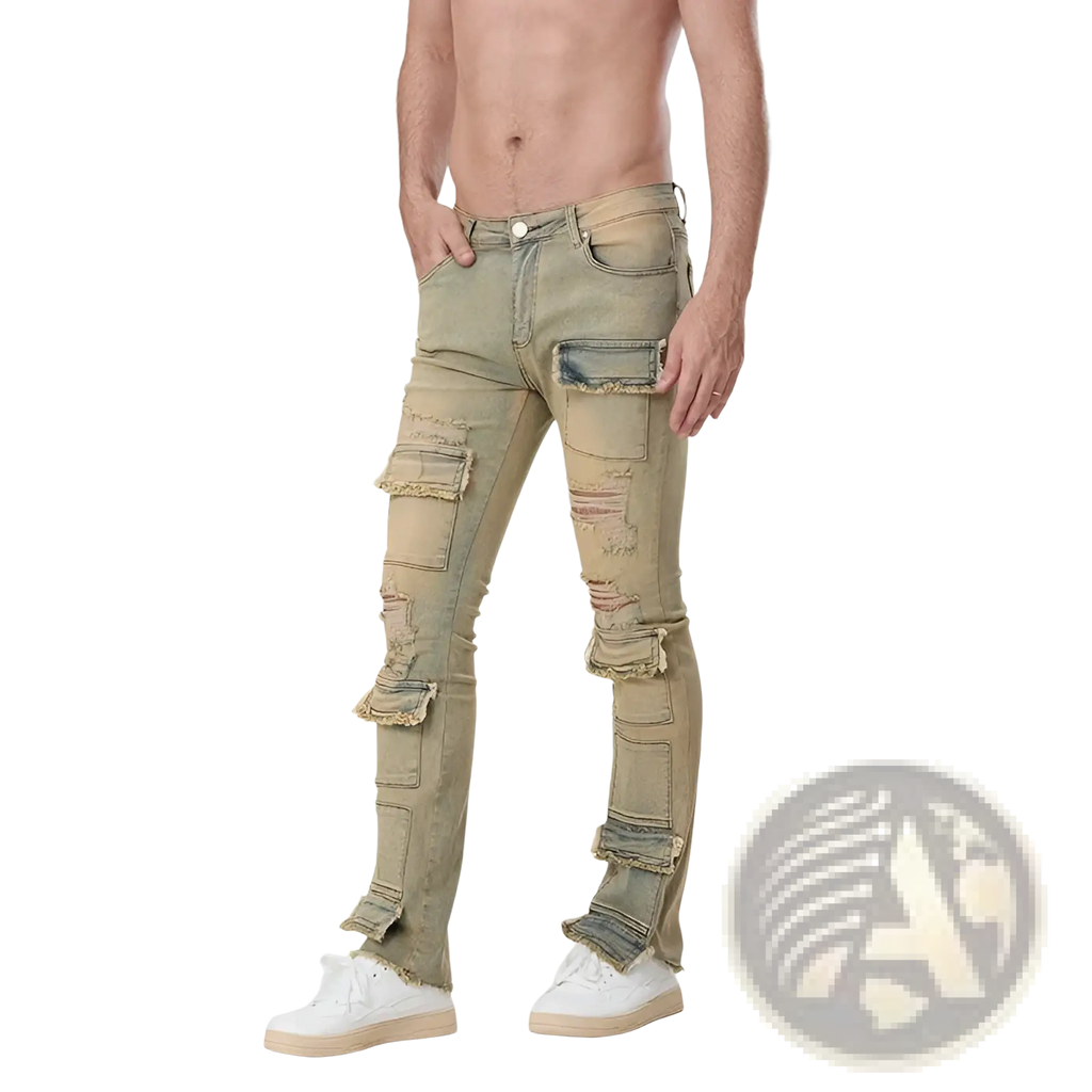 Men ripped stacked jeans slim fit streetwear in distressed olive green denim with ripped frayed patches and reinforced cargo pockets