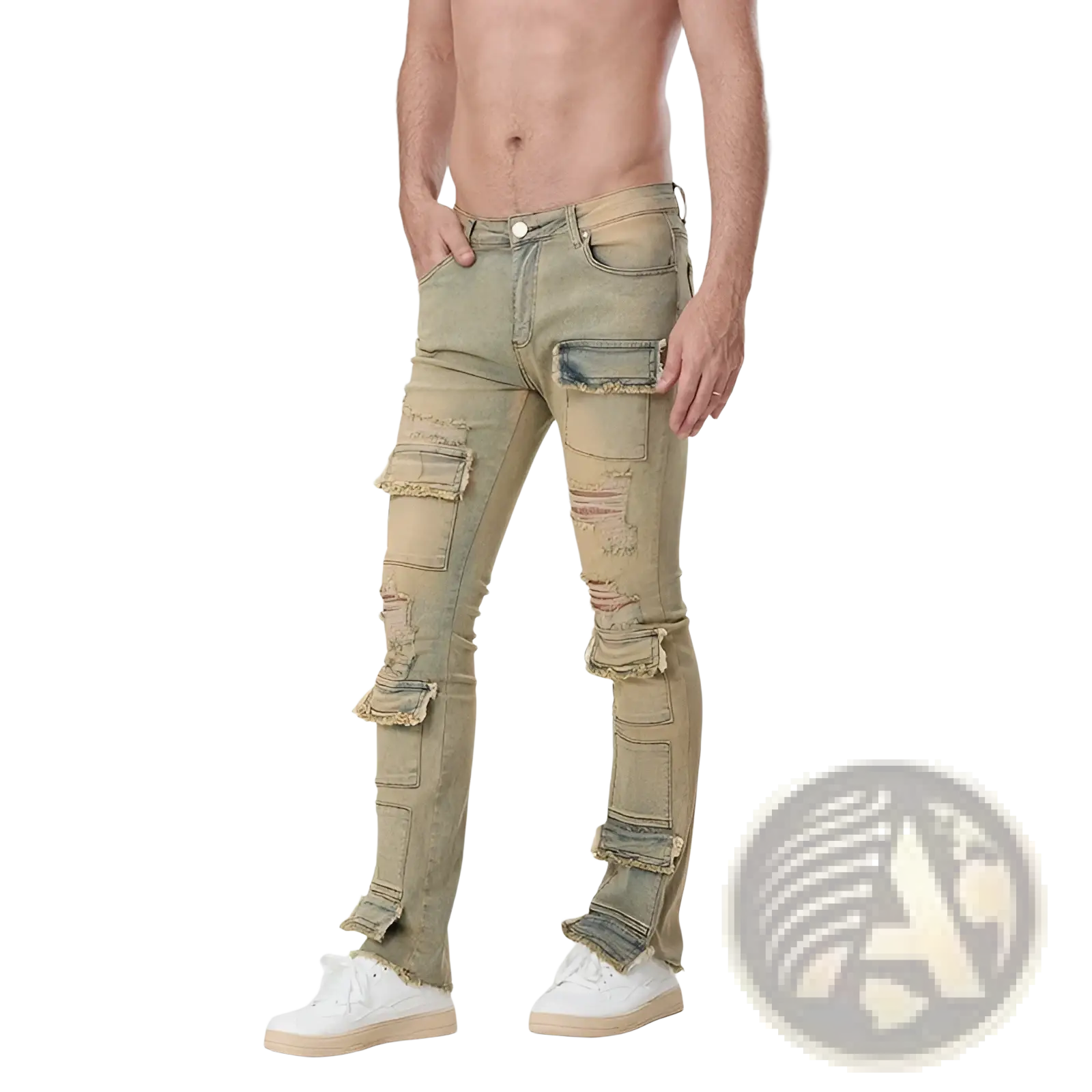 Men ripped stacked jeans slim fit streetwear in distressed olive green denim with ripped frayed patches and reinforced cargo pockets