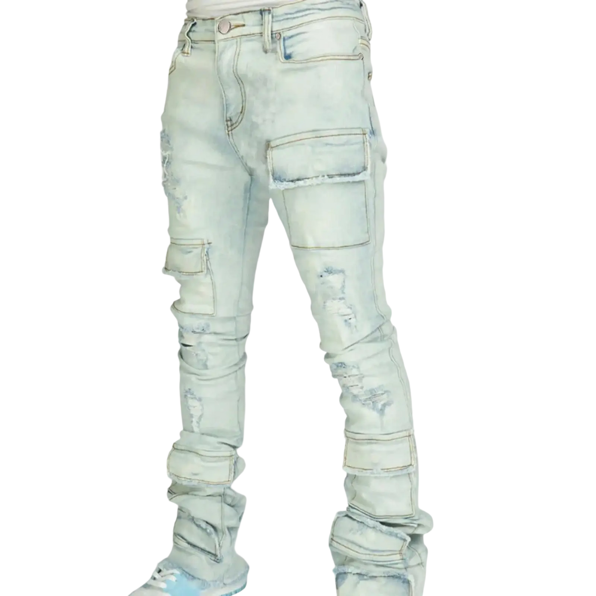 Light-wash denim men ripped stacked jeans slim fit with distressed details and multiple cargo pockets for streetwear