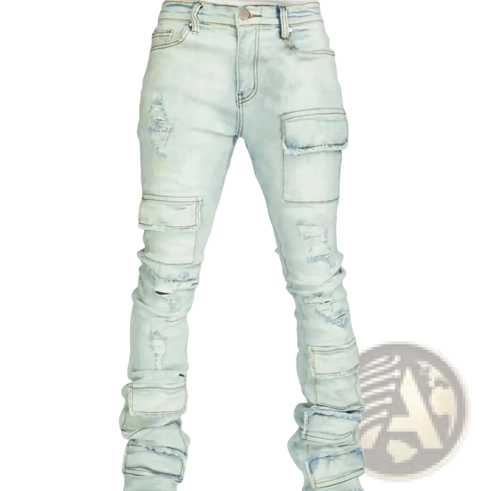 Men ripped stacked jeans slim fit streetwear light-wash denim with distressed rips and multiple cargo pockets