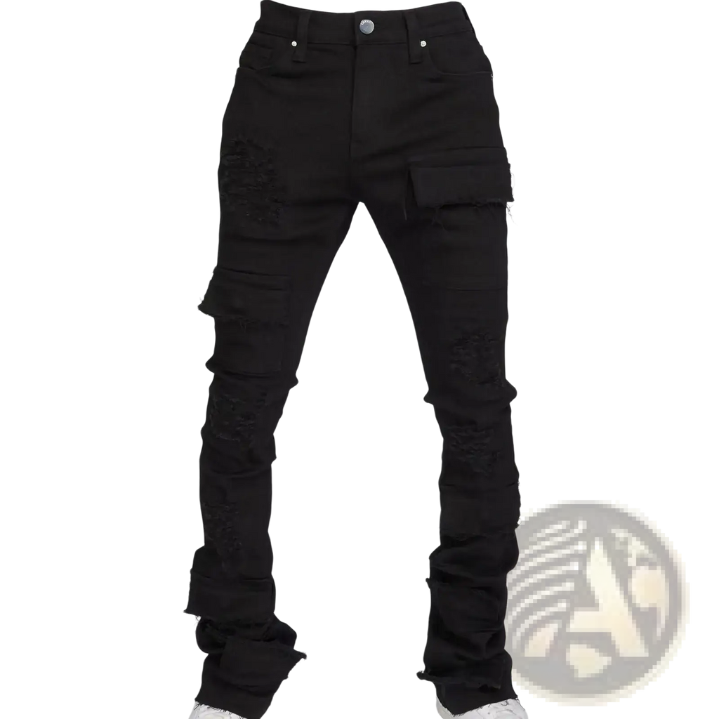Men ripped stacked jeans slim fit black distressed denim with ripped details and cargo pockets for streetwear use
