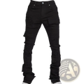 Men ripped stacked jeans slim fit black distressed denim with ripped details and cargo pockets for streetwear use