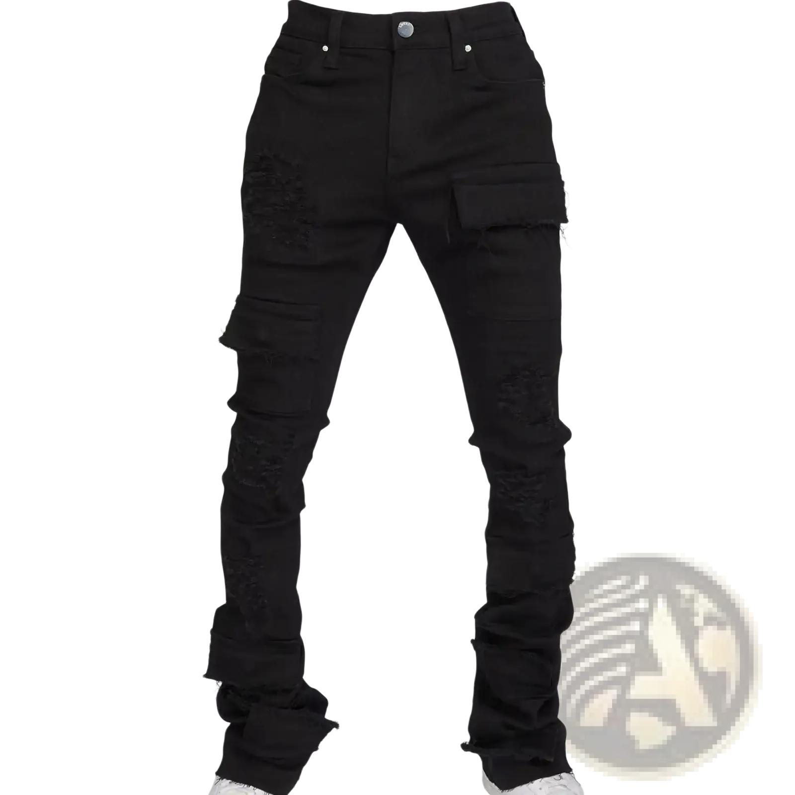 Men ripped stacked jeans slim fit black distressed denim with ripped details and cargo pockets for streetwear use