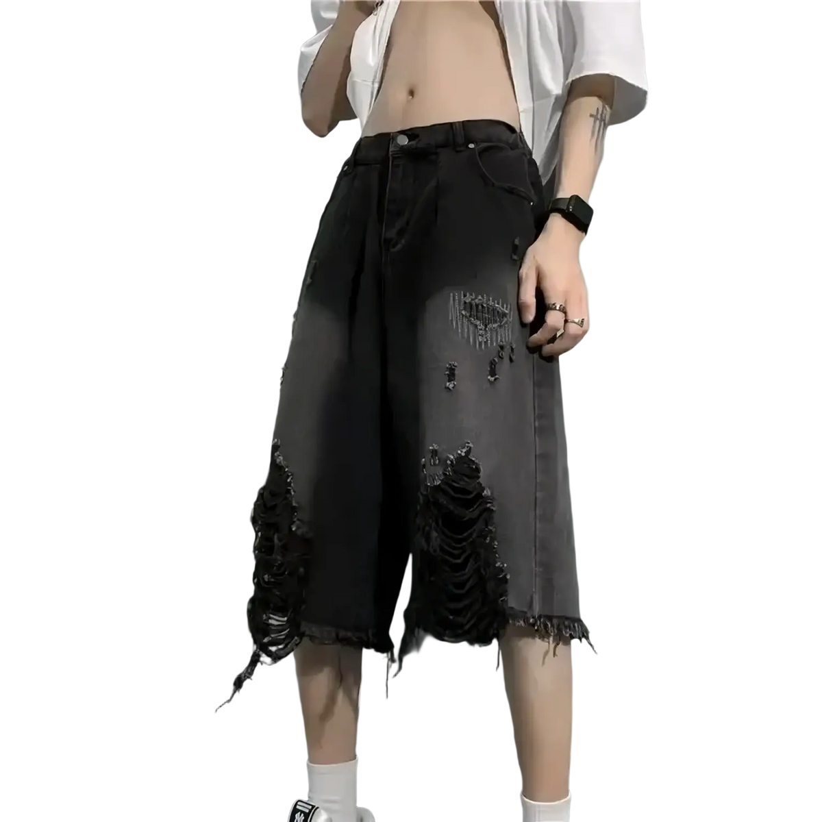 Men ripped wide leg jeans in black distressed denim shorts with frayed ripped hems and decorative stitching details