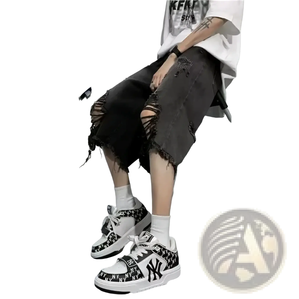 Black and white sneakers featuring repeating ny logo pattern and prominent new york yankees emblem on the side