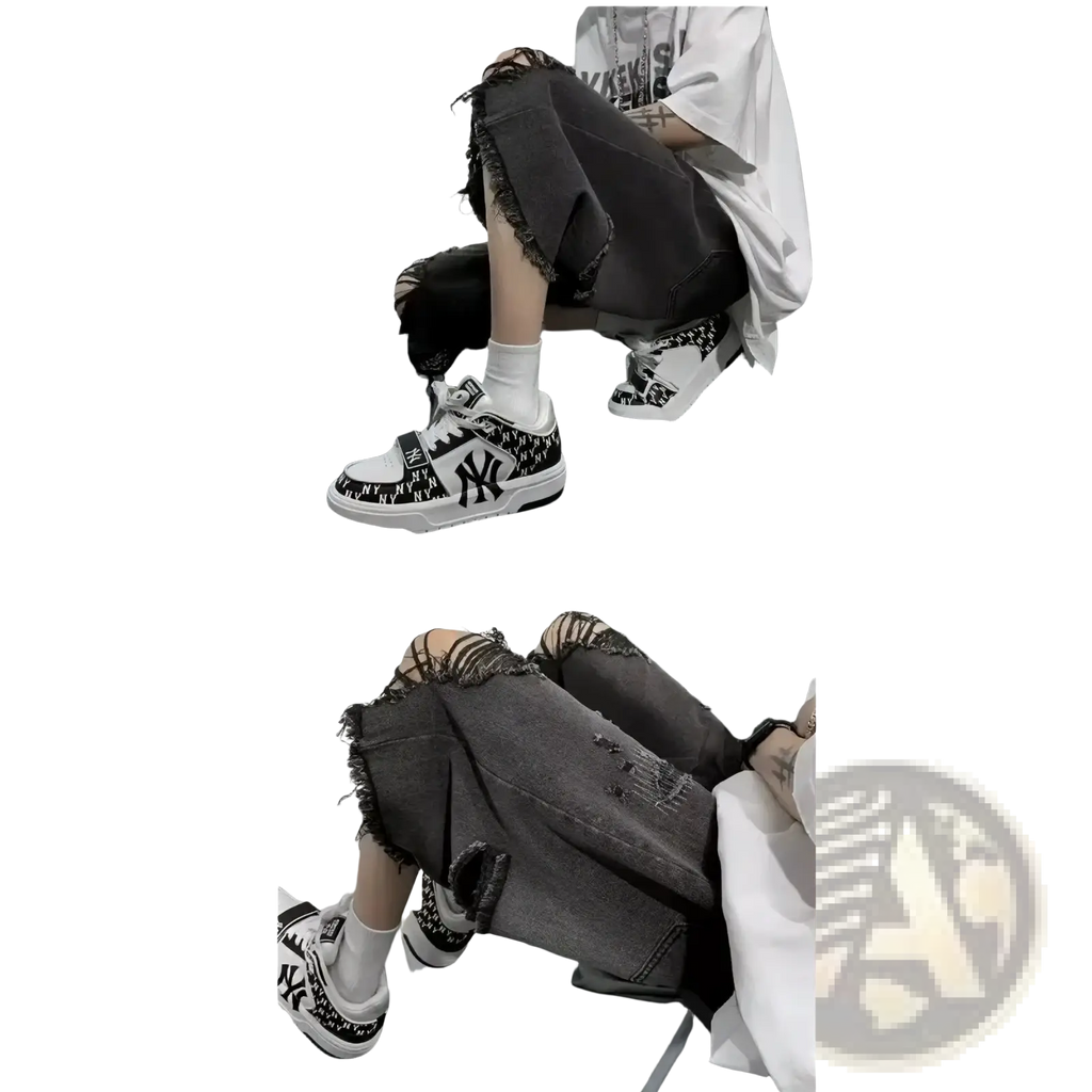 Black and white sneakers with bold ny logo and patterned upper paired with men ripped wide leg vintage streetwear jeans