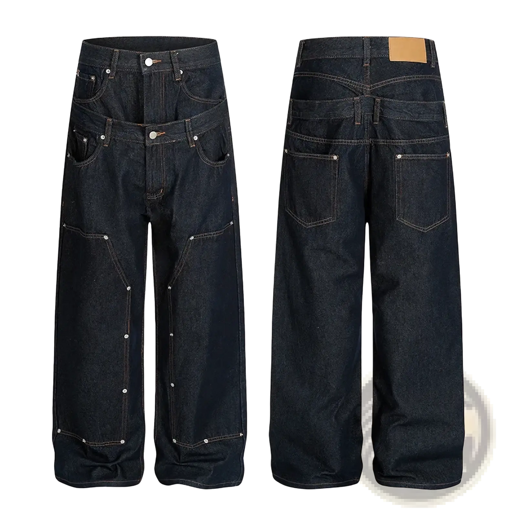 Men rivet wide leg raw denim jeans in dark indigo with multiple pockets and silver rivets along seams
