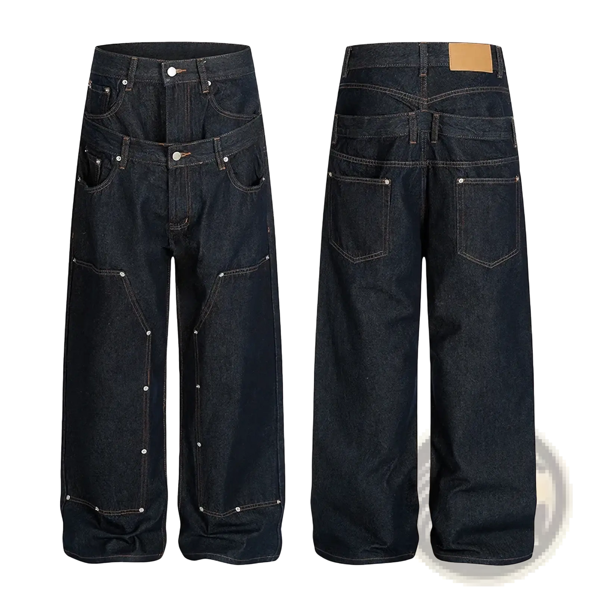 Men rivet wide leg raw denim jeans in dark indigo with multiple pockets and silver rivets along seams