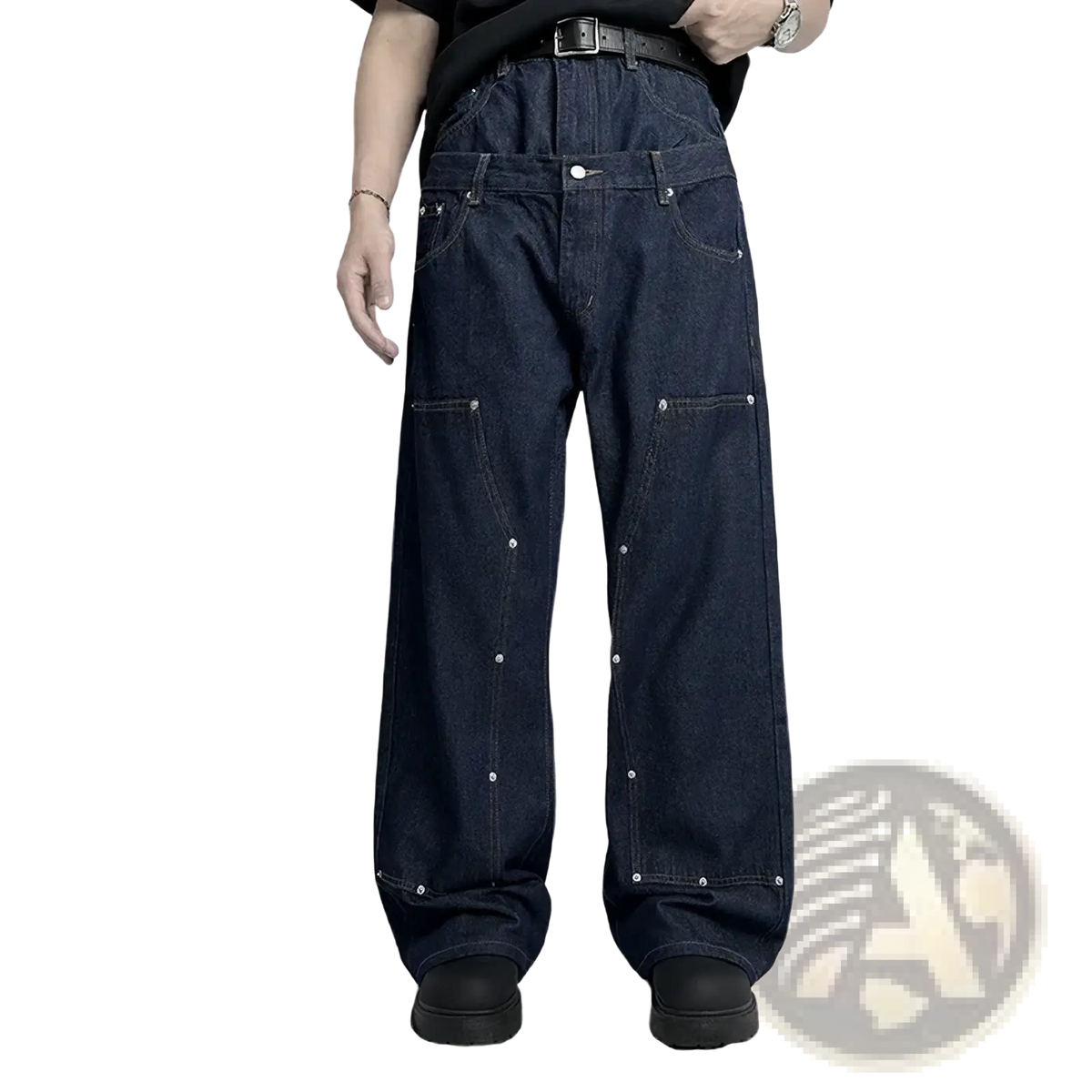 Men rivet wide leg raw denim jeans in dark indigo with wide-leg cut and silver decorative rivets along seams