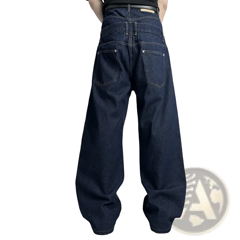 Men rivet wide leg raw denim jeans in dark indigo with wide-leg cut and classic back pockets shown from the back side