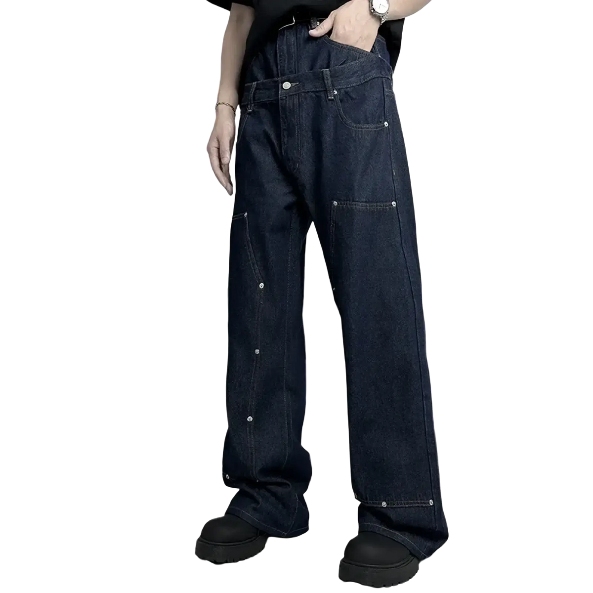 Men rivet wide leg raw denim jeans in dark indigo with relaxed fit and silver rivets along side seams