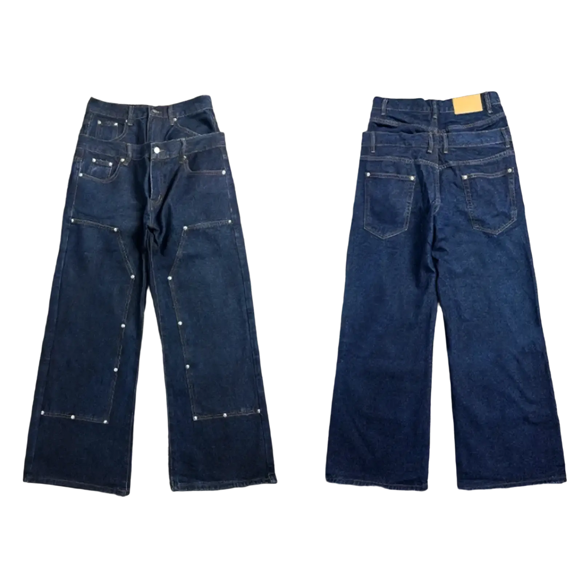 Men rivet wide leg raw denim jeans in dark indigo with reinforced patch pockets and white rivets along seams