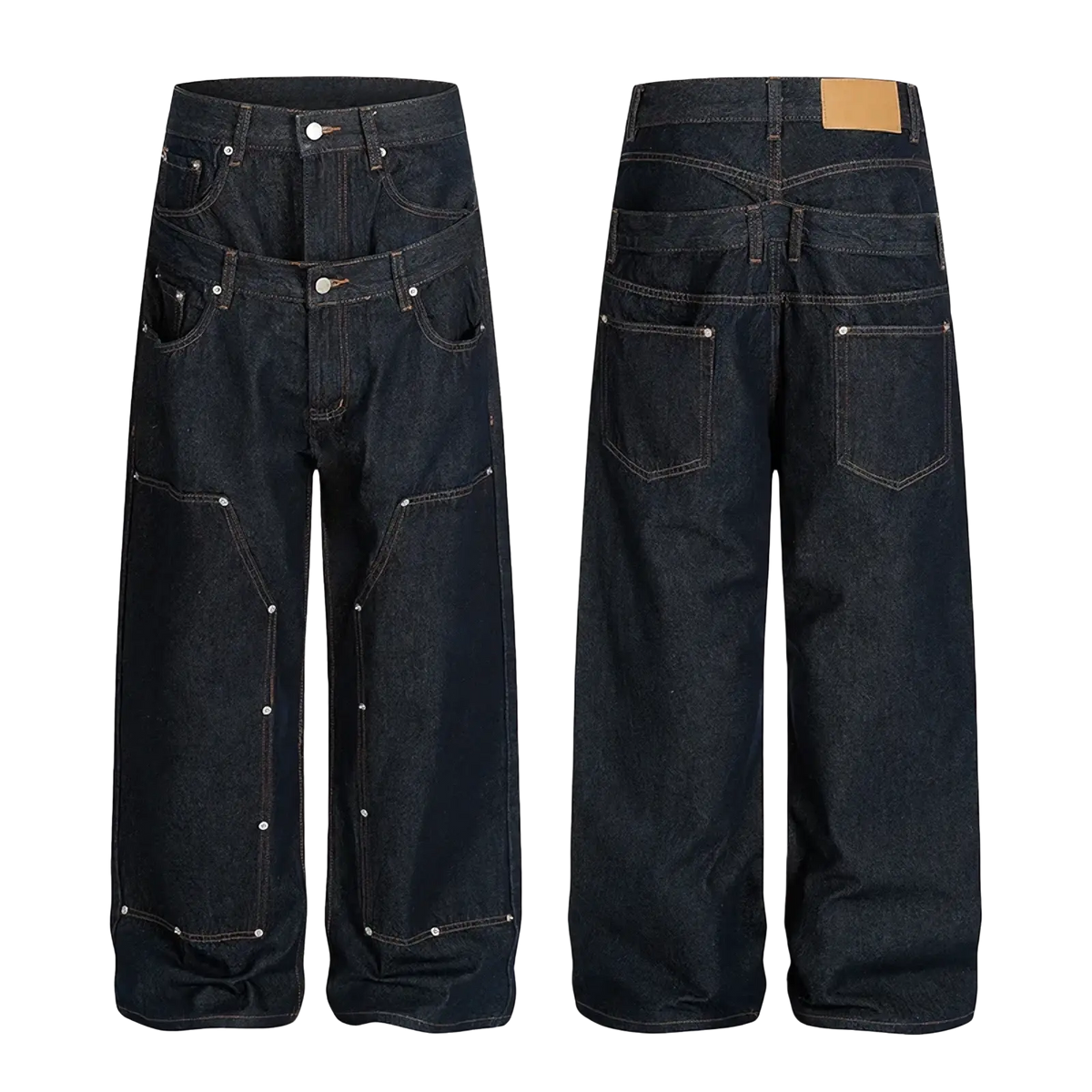 Men rivet wide leg raw denim jeans in dark indigo with multiple pockets and silver rivets along seams