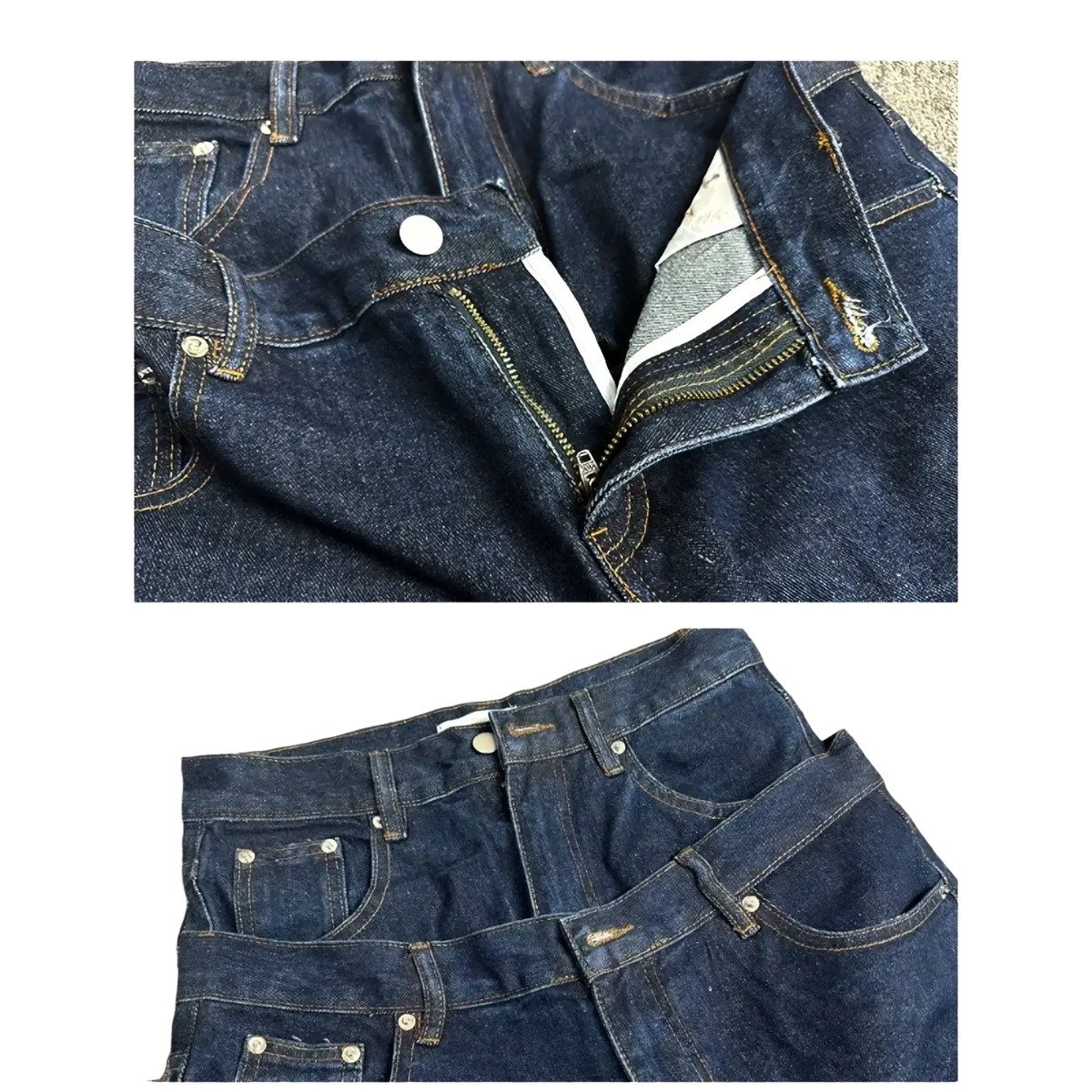Men rivet wide leg raw denim jeans in dark indigo with white stitching and silver toned buttons