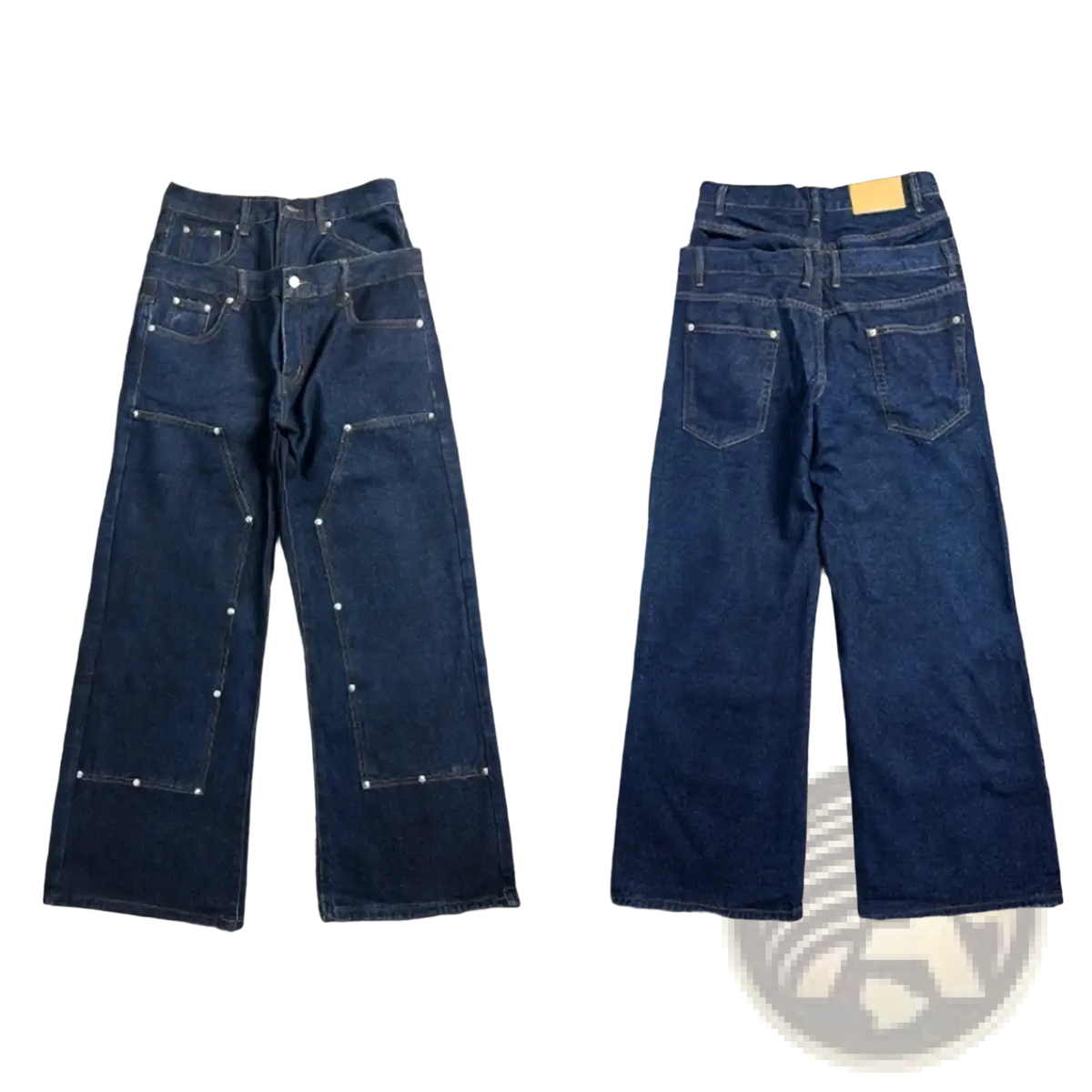Men rivet wide leg raw denim jeans in dark indigo with reinforced patch pockets and white rivets along seams