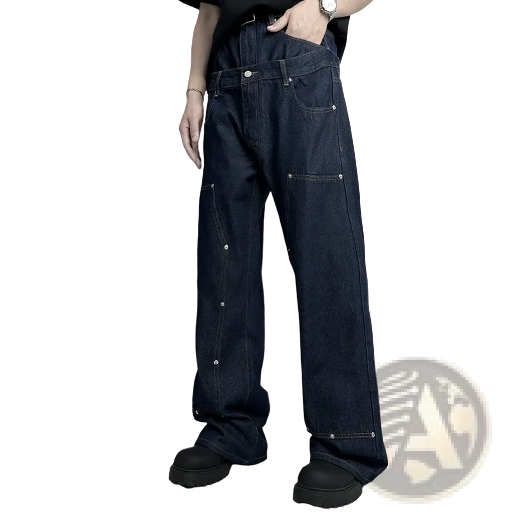 Men rivet wide leg raw denim jeans in dark indigo with silver toned rivets along the seams and pockets
