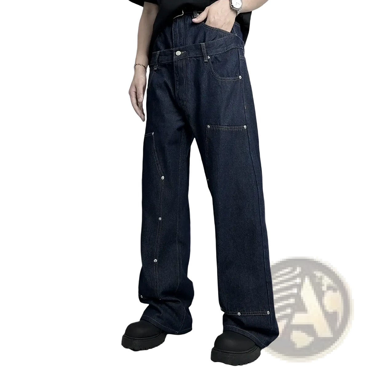 Men rivet wide leg raw denim jeans in dark indigo with silver toned rivets along the seams and pockets