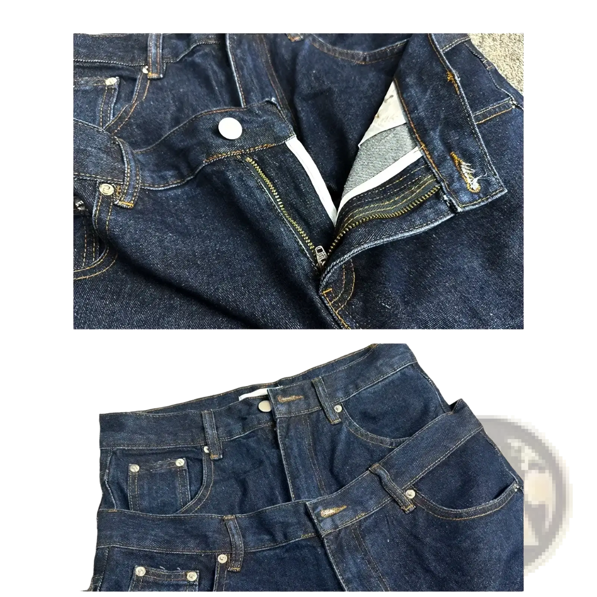 Men rivet wide leg raw denim jeans in dark indigo with white stitching and silver toned buttons