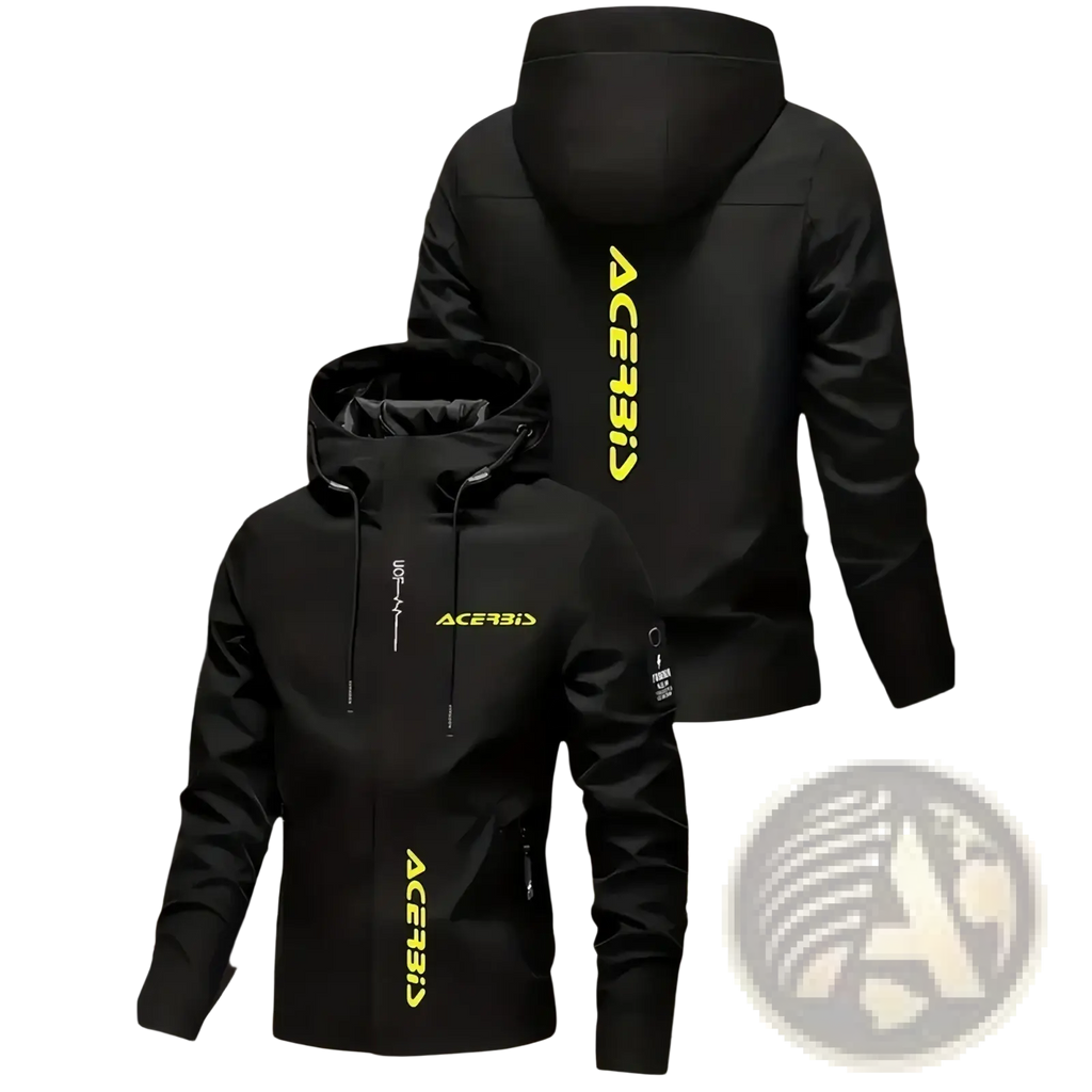 Black acebis men off road hooded jacket with neon yellow vertical branding and zipper details windproof casual outerwear
