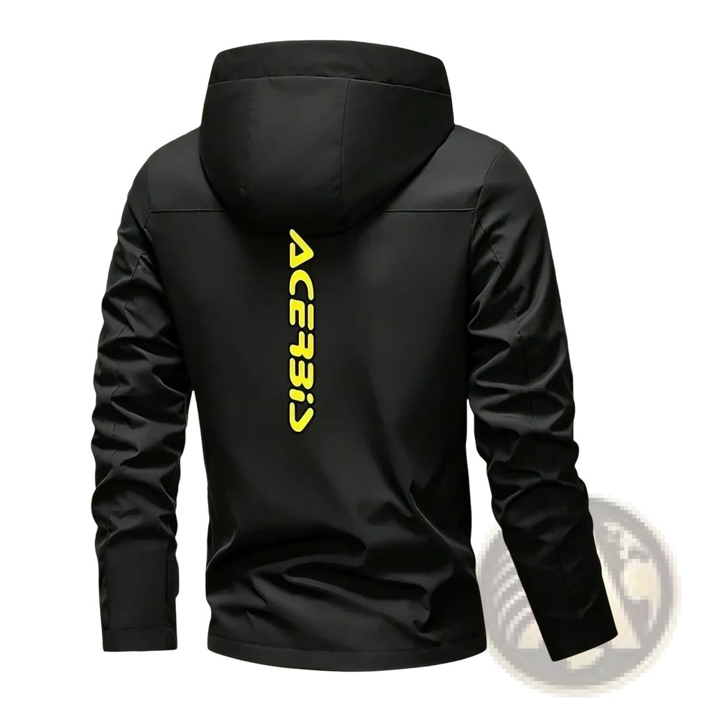 Men off road black hooded windproof jacket showing back with vertical neon yellow ace331 logo for casual outerwear