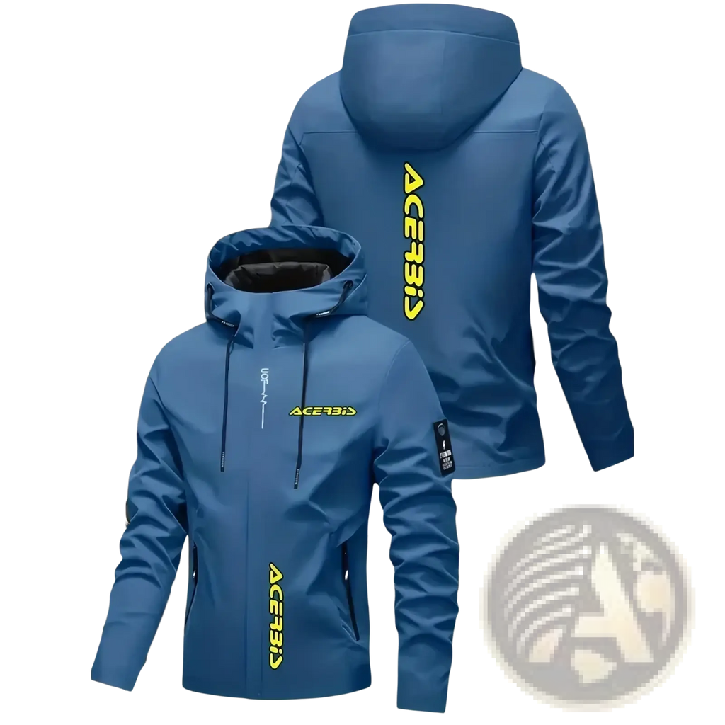 Men off road hooded jacket in blue with neon yellow ace315 lettering and black inner lining windproof casual outerwear
