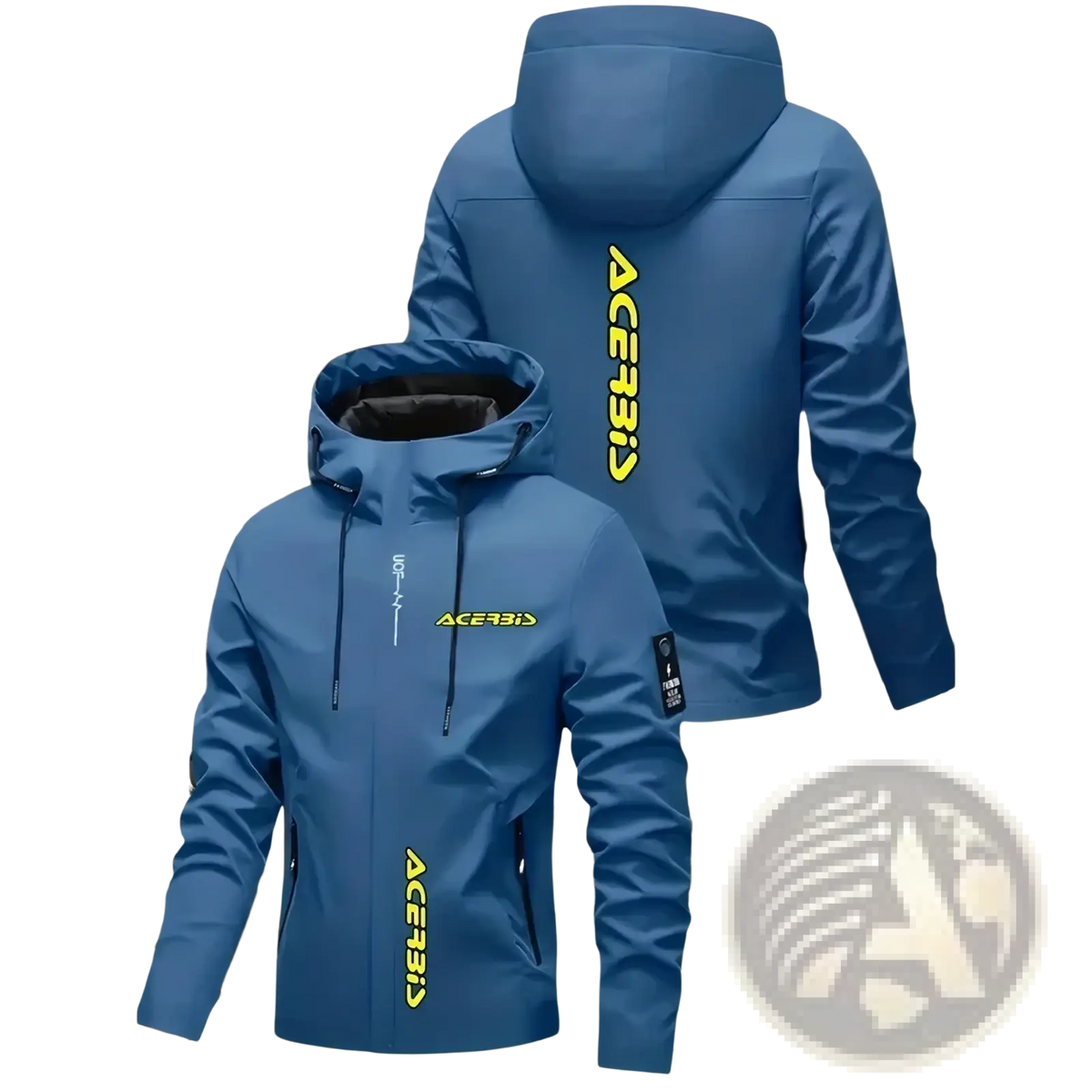 Men off road hooded jacket in blue with neon yellow ace315 lettering and black inner lining windproof casual outerwear