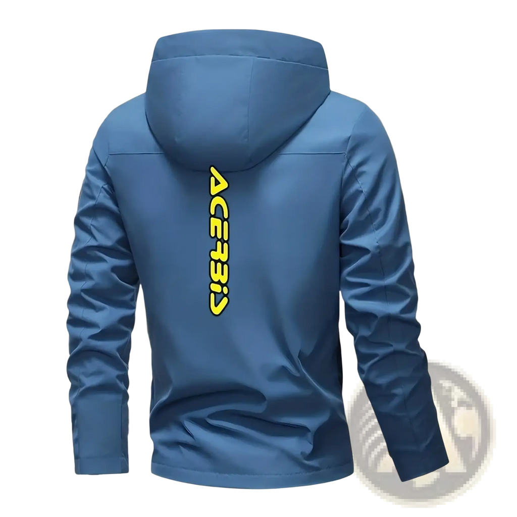 Men off road windproof casual outerwear blue hooded jacket shown from back with vertical yellow ace331 logo