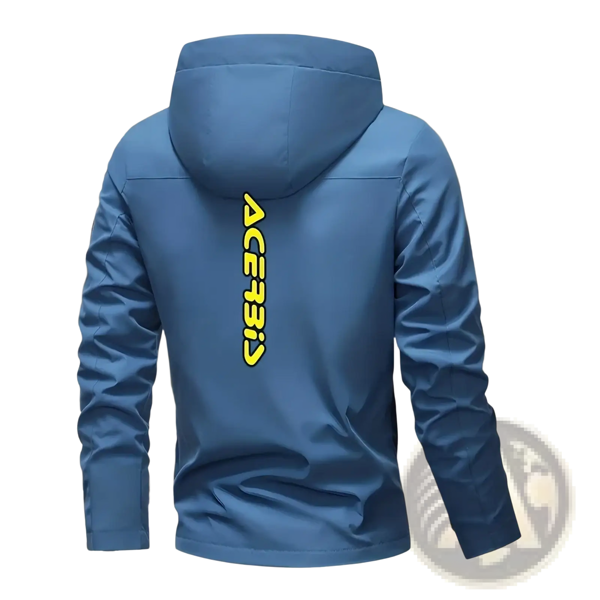 Men off road windproof casual outerwear blue hooded jacket shown from back with vertical yellow ace331 logo