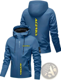 Men off road hooded windproof jacket in blue with yellow vertical Acerbis lettering and black inner lining