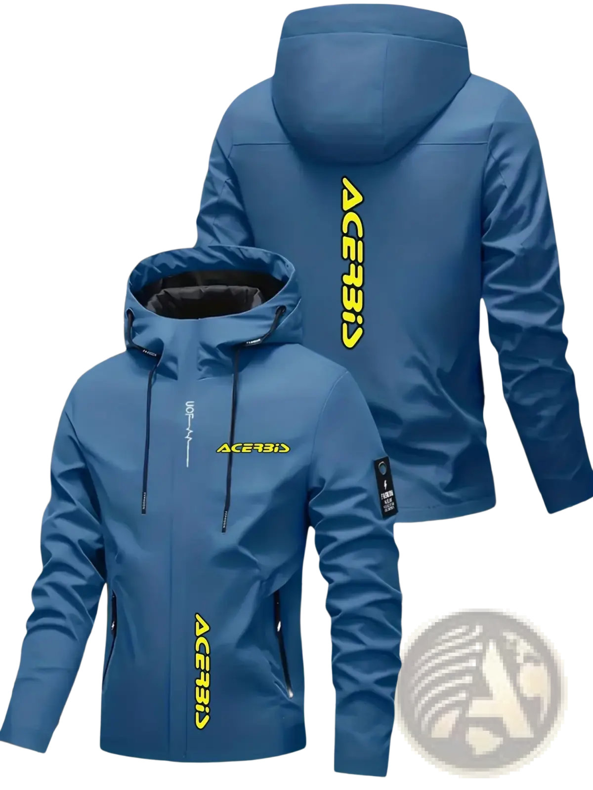 Men off road hooded windproof jacket in blue with yellow vertical Acerbis lettering and black inner lining
