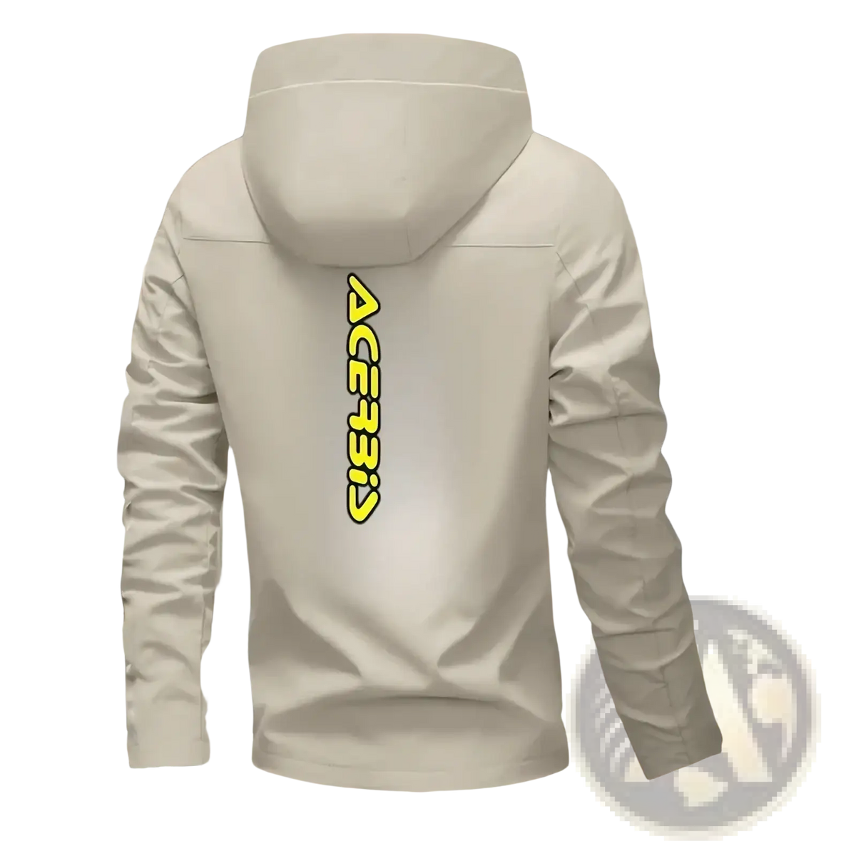 Men off road light gray hooded windproof jacket with vertical neon yellow ace3315 logo on the back side