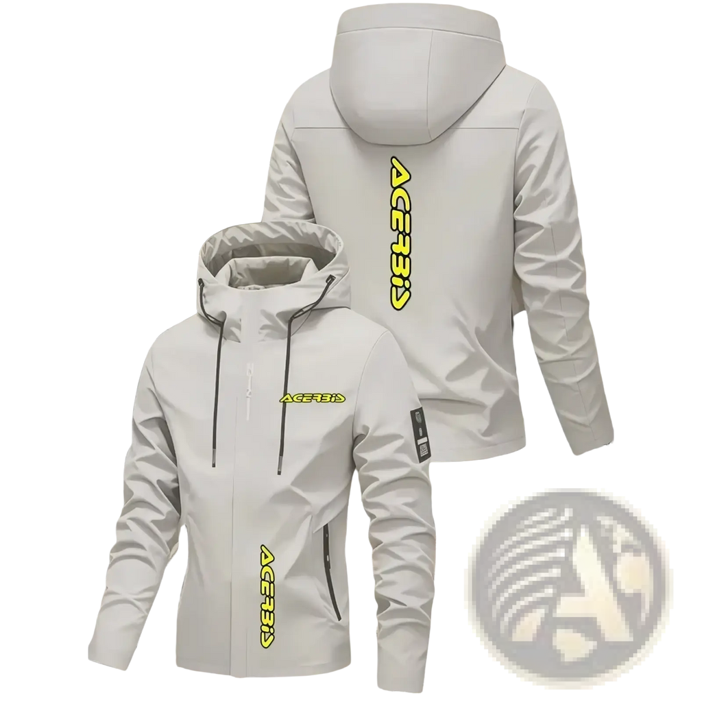 Men off road hooded jacket windproof casual outerwear in white with neon yellow acerbis logo accents, waterproof design
