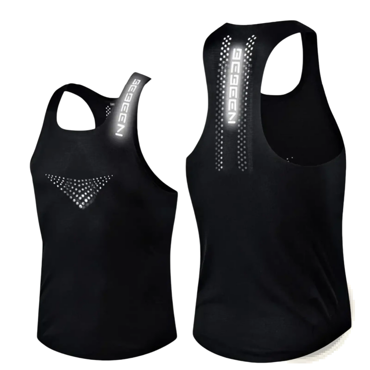Men running vest breathable quick dry athletic tank top in black with reflective white branding and perforated mesh panels