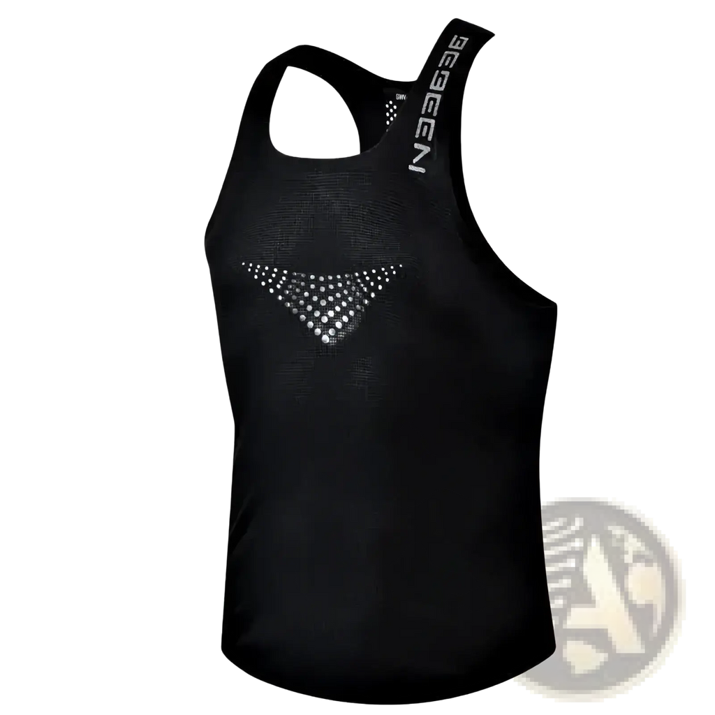 Black regreen men running vest with laser-perforated 3d cooling and silver rhinestone chest embellishments
