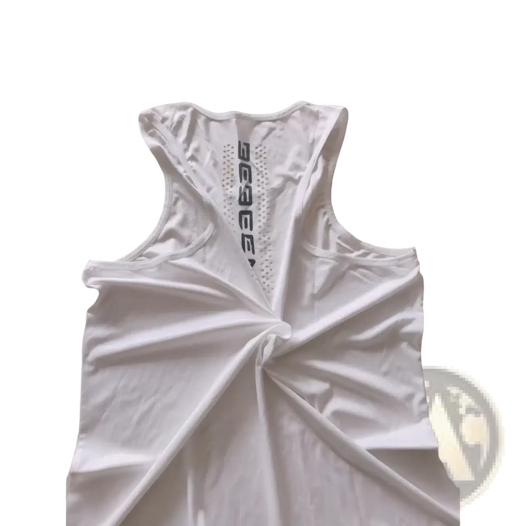 Back view of white men running vest breathable quick dry sleeveless athletic top with mesh panel and geegeen logo
