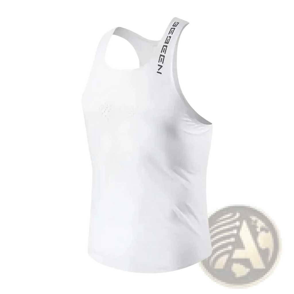White beegan men running vest breathable quick dry tank top with sleek form-fitting design and subtle black shoulder branding
