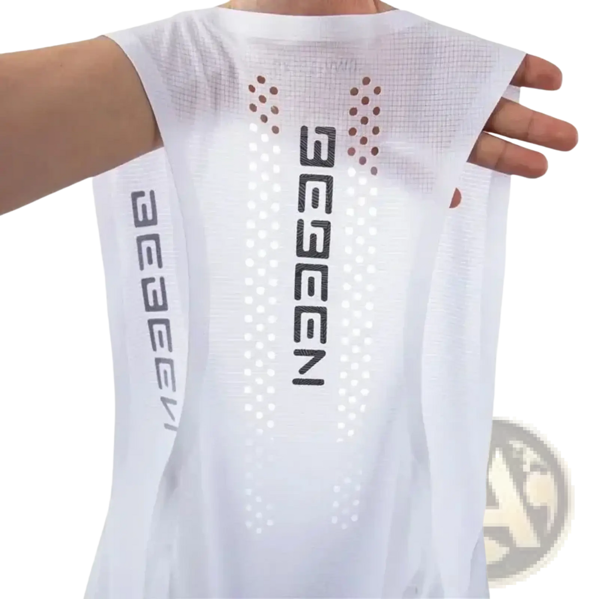 Men running vest breathable quick dry white mesh sleeveless top with black geeen branding and perforated design