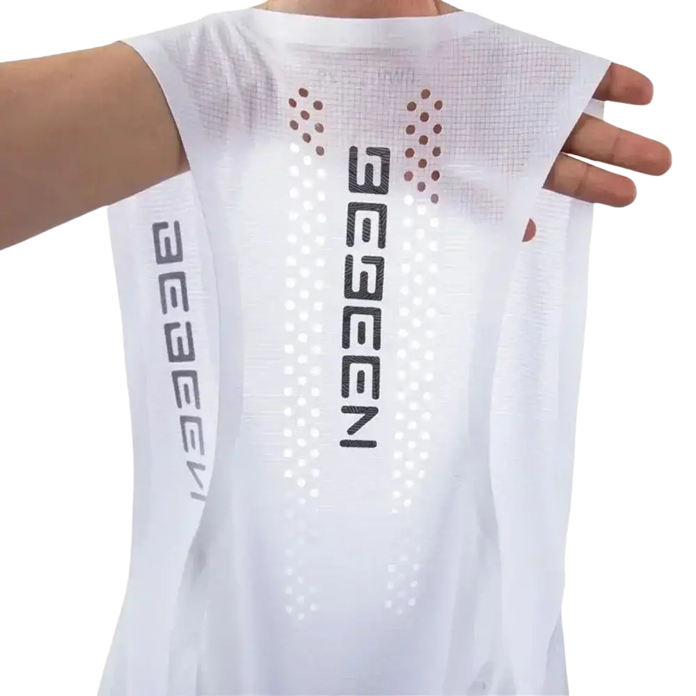 Men running vest breathable quick dry white mesh sleeveless top with black geeen branding and perforated design