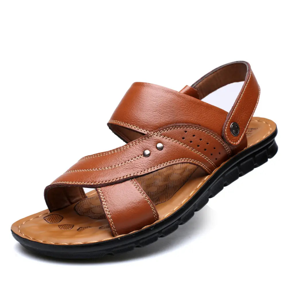 Men’s adjustable genuine leather summer beach sandals in brown with black rubber sole and silver rivet details