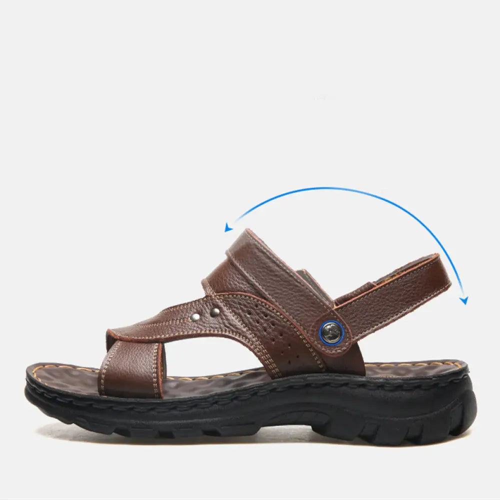 Brown genuine leather men’s adjustable summer beach sandals with textured sole for comfortable outdoor wear