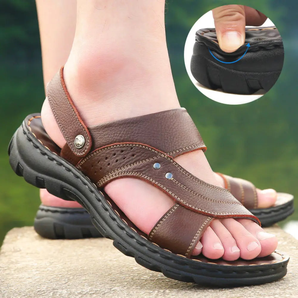 Men’s adjustable genuine brown leather summer beach sandals with black rubber sole and silver-toned metal accents
