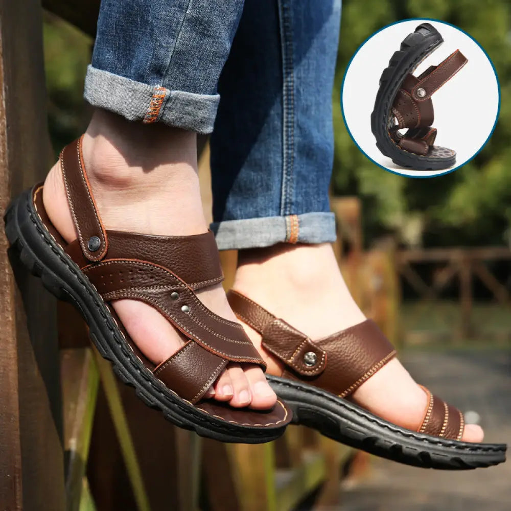 Brown leather men’s adjustable genuine leather summer beach sandals with black rubber soles and adjustable straps