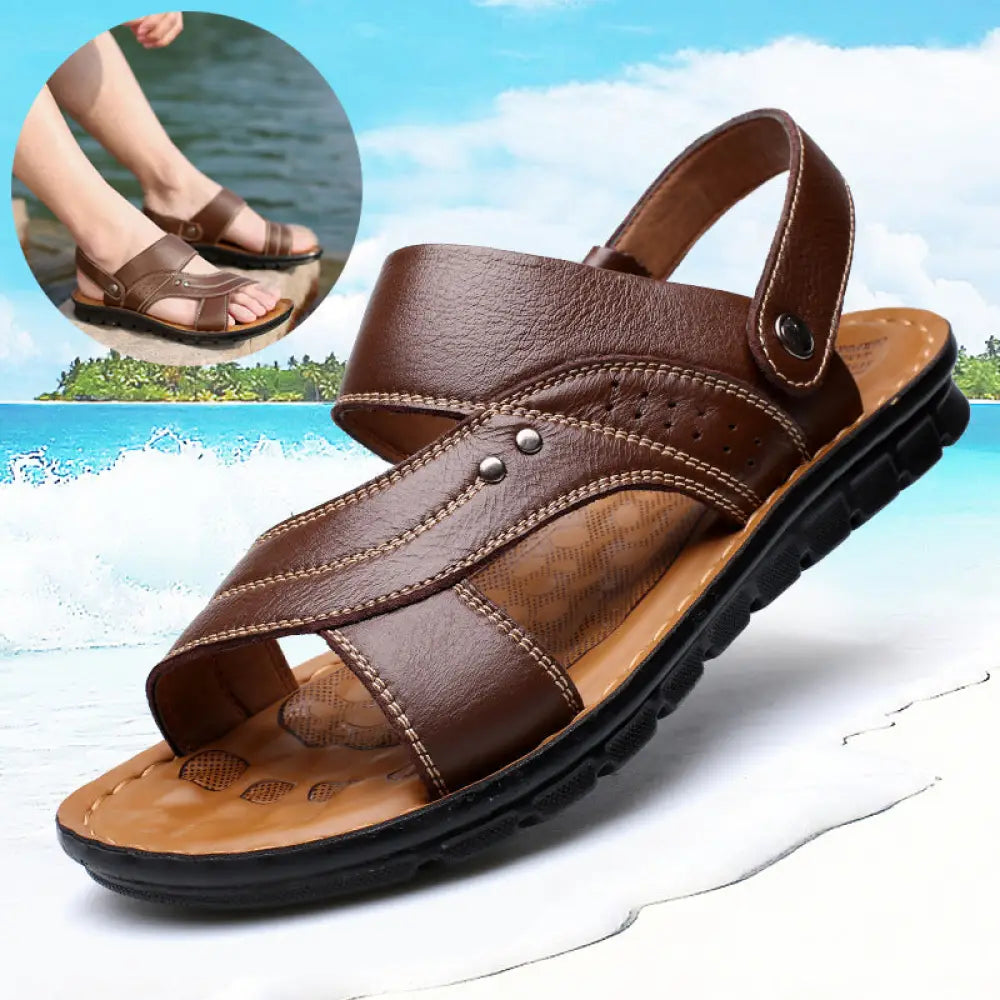 Men’s adjustable genuine brown leather summer beach sandals with black rubber sole and decorative metal rivets
