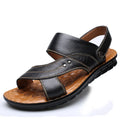 Black leather men’s adjustable summer beach sandals with tan insole and durable rubber sole visible from the back