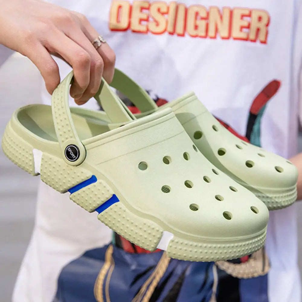 Men breathable waterproof eva beach clogs in light green with blue accent stripes and textured sole