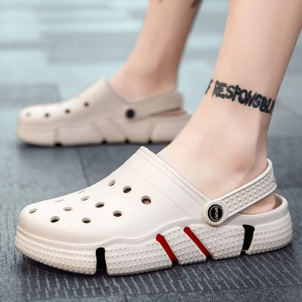 White clog style men breathable waterproof eva beach clogs with red and black accents and adjustable strap