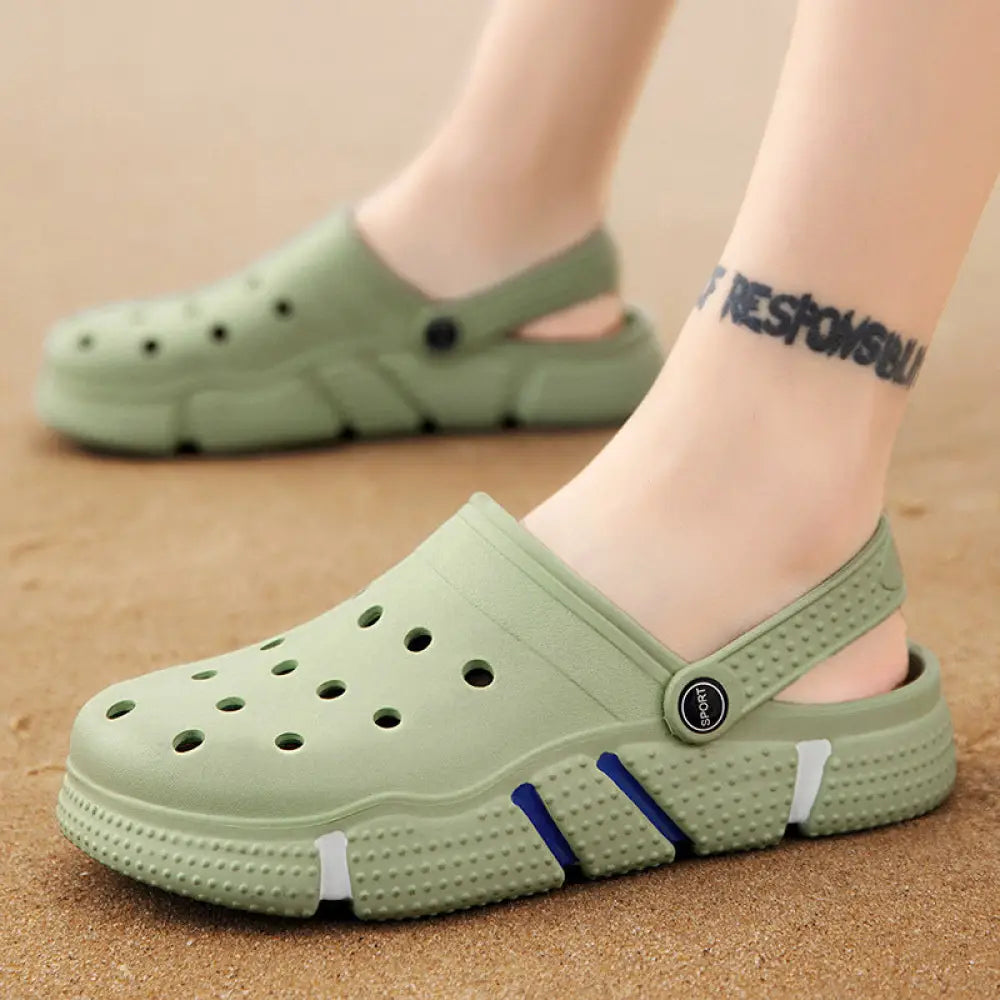Men breathable waterproof eva beach clogs in light green with blue and white sole accents
