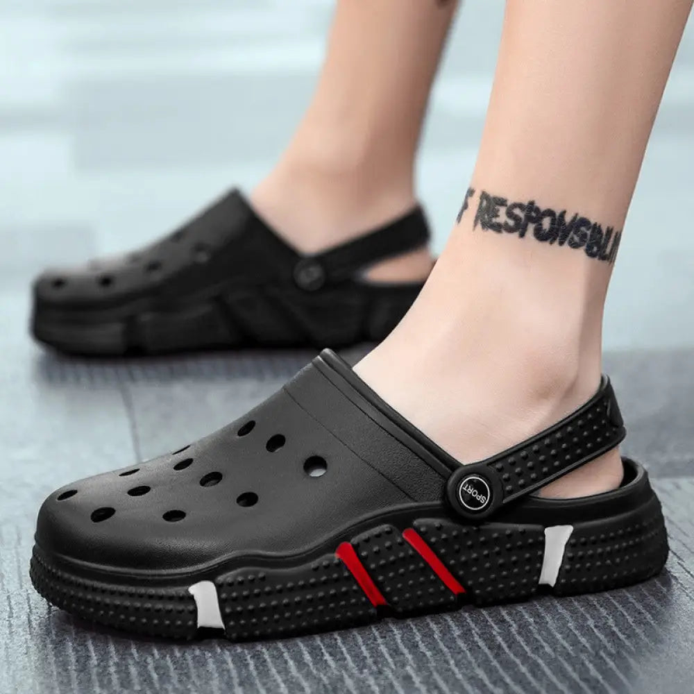 Men breathable waterproof eva black rubber clog sandals with red and white accent stripes on the sole